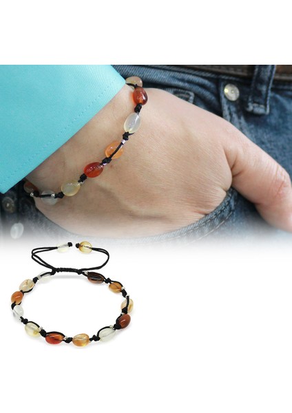 Makrome Örgülü Naturel Kesim Dorika Top Detaylı Akik Doğaltaş Erkek Bileklik fiyatları