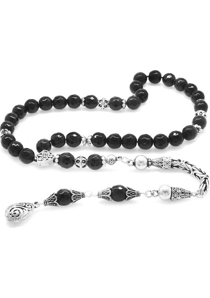 Koleksiyonluk 925 Ayar Gümüş Püsküllü Fasetalı Küre Kesim Oniks Doğaltaş Tesbih