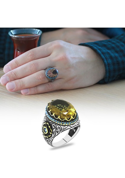 Faset Zultanit Taşlı Yanları Firuze Taş Mıhlamalı Kalem Işçilikli 925 Ayar Gümüş Erkek Yüzük fiyatları