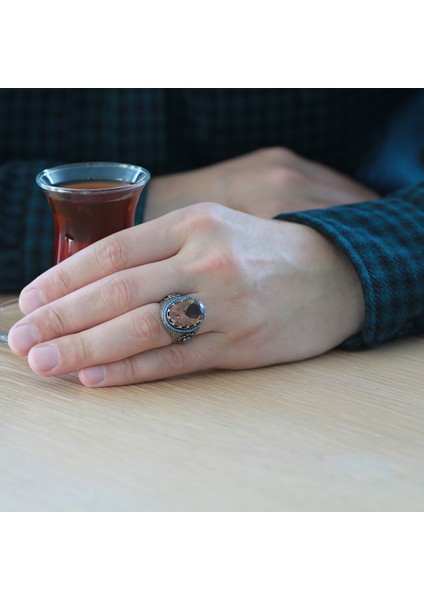 Faset Zultanit Taşlı Yanları Firuze Taş Mıhlamalı Kalem Işçilikli 925 Ayar Gümüş Erkek Yüzük modelleri