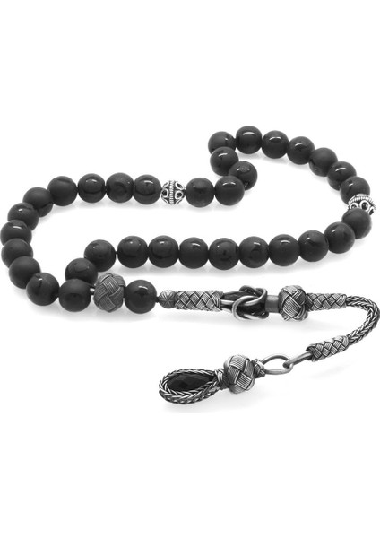 1000 Ayar Gümüş Kazaz Püsküllü Küre Kesim Ayyıldız Desenli Oniks Doğaltaş Tesbih fiyatları