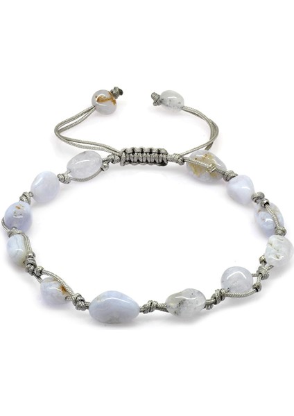 Makrome Örgülü Naturel Kesim Dorika Top Detaylı Kalsedon Doğaltaş Erkek Bileklik