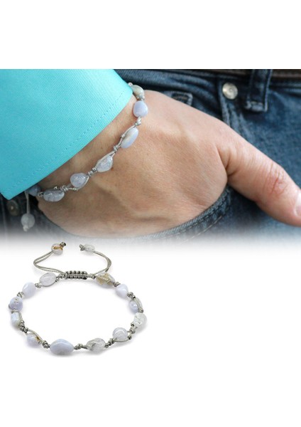 Makrome Örgülü Naturel Kesim Dorika Top Detaylı Kalsedon Doğaltaş Erkek Bileklik fiyatları