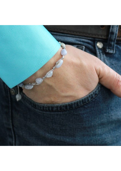 Makrome Örgülü Naturel Kesim Dorika Top Detaylı Kalsedon Doğaltaş Erkek Bileklik modelleri