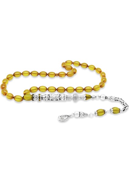 925 Ayar Gümüş Kral Püsküllü Nakkaş Imameli Cevşen Tasarım Sarı Ateş Kehribar Tesbih