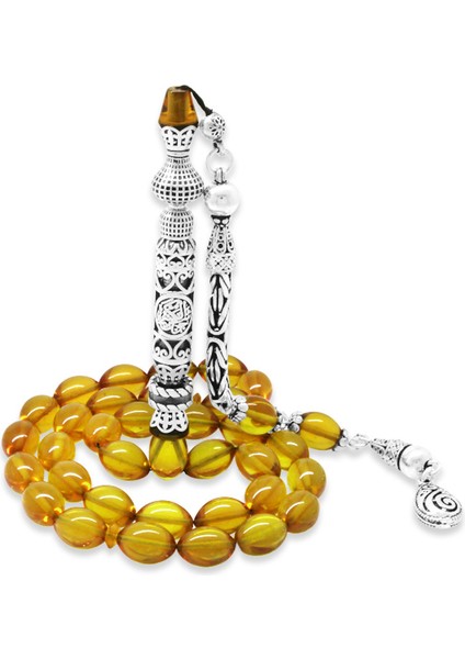 925 Ayar Gümüş Kral Püsküllü Nakkaş Imameli Cevşen Tasarım Sarı Ateş Kehribar Tesbih fiyatları