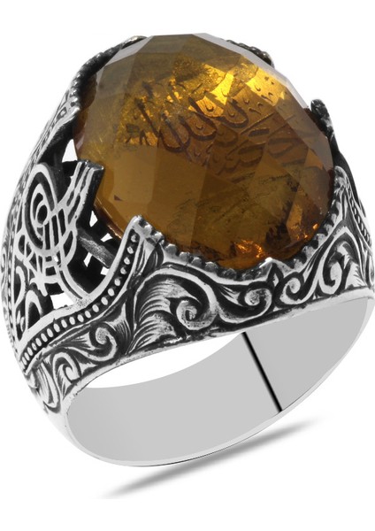 Faset Zultanit Taşlı Hüsn-I Hat Hasbünallah Yazılı 925 Ayar Gümüş Erkek Yüzük