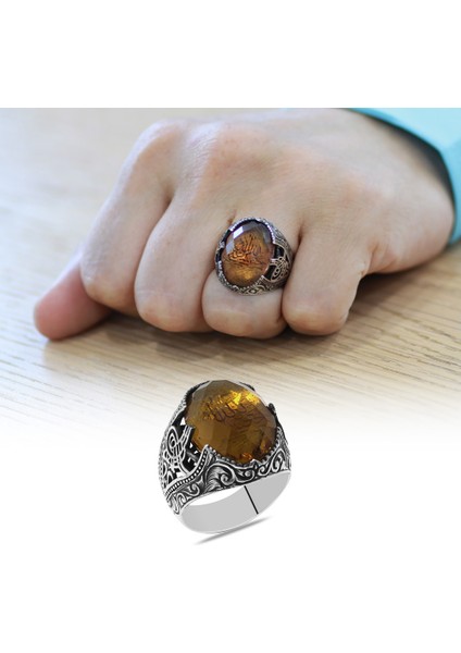 Faset Zultanit Taşlı Hüsn-I Hat Hasbünallah Yazılı 925 Ayar Gümüş Erkek Yüzük fiyatları