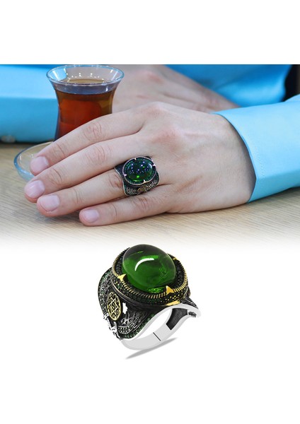 Yeşil Zirkon Taşlı Kenarları Mühr-I Süleyman Işlemeli 925 Ayar Gümüş Erkek Yüzük fiyatları