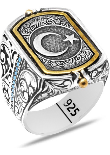 Çift Taraflı Ayyıldız&mühr-I Süleyman Işlemeli 925 Ayar Gümüş Erkek Yüzük modelleri