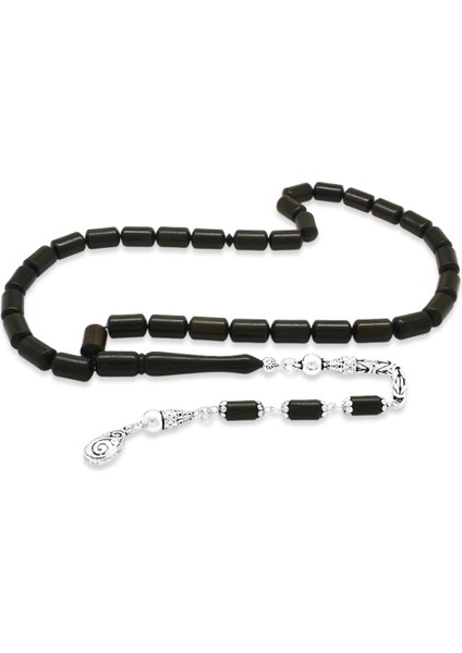 925 Ayar Gümüş Kral Zincir Püsküllü Kapsül Kesim Abanoz Ağacı Tesbih