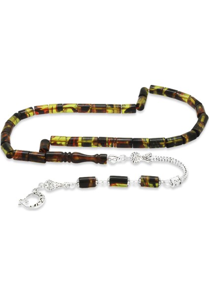 Kararmaz Metal Püsküllü Kesme Kesim Bala-Siyah Ateş Kehribar Tesbih