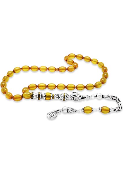 925 Ayar Gümüş Kral Püsküllü Nakkaş Imameli Kurt Başı Tasarım Sarı Ateş Kehribar Tesbih