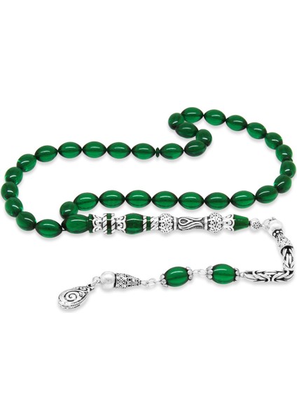 925 Ayar Gümüş Kral Püsküllü Nakkaş Imameli Lale Tasarım Yeşil Ateş Kehribar Tesbih