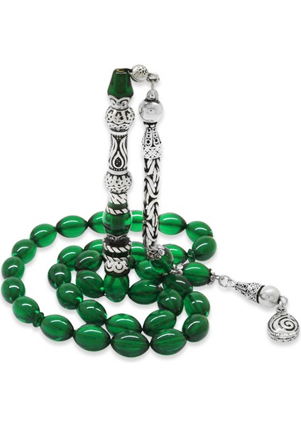 925 Ayar Gümüş Kral Püsküllü Nakkaş Imameli Lale Tasarım Yeşil Ateş Kehribar Tesbih fiyatları