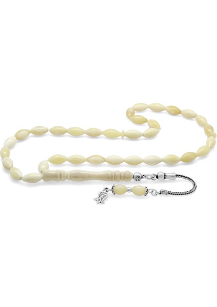 925 Ayar Gümüş Püsküllü Arpa Kesim Naturel Renk Deve Kemiği Tesbih