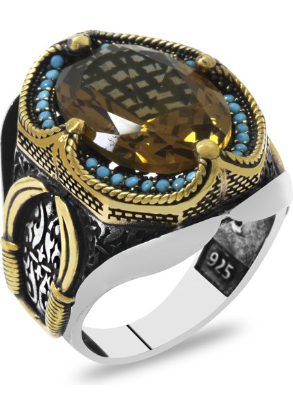 Faset Zultanit Taşlı Yanları Firuze Taş Mıhlamalı Kılıç Temalı 925 Ayar Gümüş Erkek Yüzük