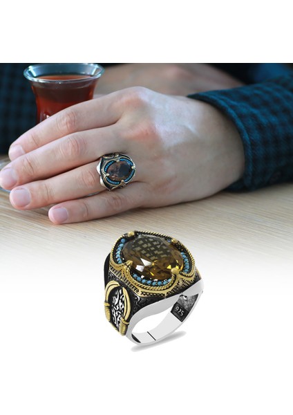 Faset Zultanit Taşlı Yanları Firuze Taş Mıhlamalı Kılıç Temalı 925 Ayar Gümüş Erkek Yüzük fiyatları