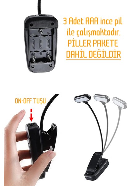 Ledli Klipsli Mini Kitap Okuma Lambası Mandallı Pille Çalışan Işık Masa Lambası Kitap Okuma Işığı