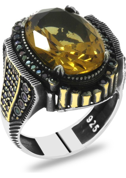 Faset Kesim Zultanit Taşlı Yanları Mikro Taş Mıhlamalı Dikit Detaylı 925 Ayar Gümüş Erkek Yüzük