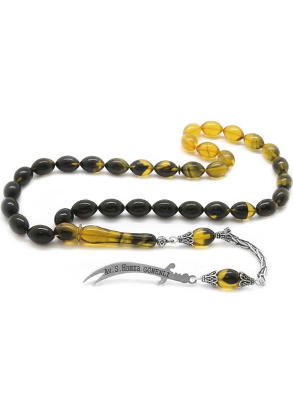 925 Ayar Gümüş Zülfikar Püskül Kişiye Özel Isim Yazılı Süzme Sarı-Siyah Ateş Kehribar Tesbih