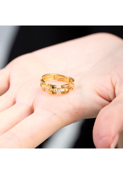 Zirkon Taşlı Kare Zincir Tasarım Gold Renk 925 Ayar Gümüş Kadın Yüzük fırsatları