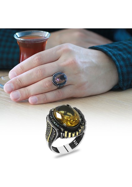 Faset Kesim Zultanit Taşlı Yanları Mikro Taş Mıhlamalı Dikit Detaylı 925 Ayar Gümüş Erkek Yüzük fiyatları