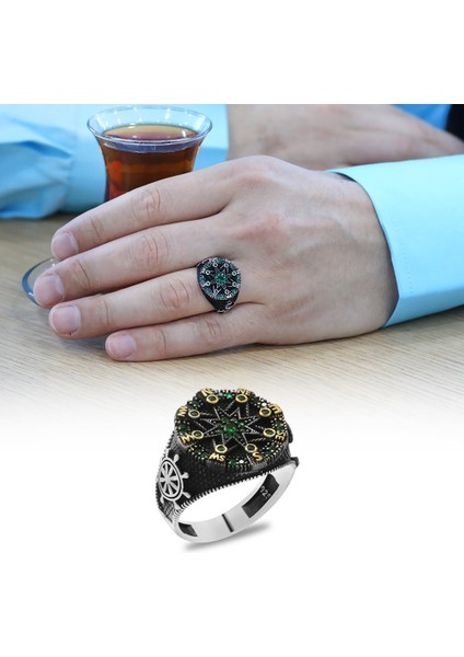 Yeşil Zirkon Taşlı Pusula Tasarım Yanları Çapa&gemi Dümeni Detaylı 925 Ayar Gümüş Erkek Yüzük fiyatları