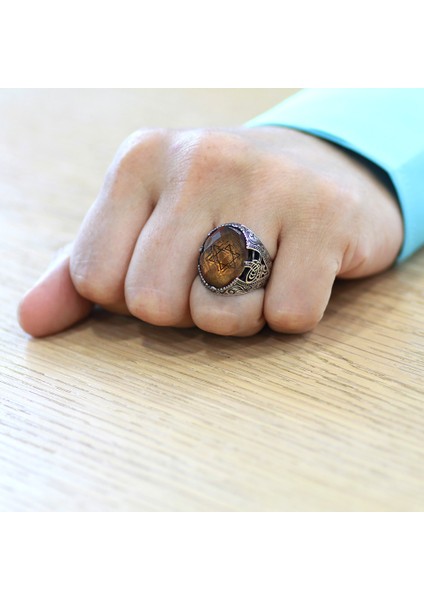 Faset Zultanit Taşlı Mühr-I Süleyman Işlemeli 925 Ayar Gümüş Erkek Yüzük modelleri