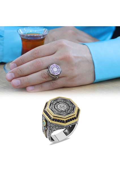 Hüsn-I Hat Ayetel Kürsi Yazılı Mikro Zirkon Taş Süslemeli Hançer Detaylı Gümüş Erkek Yüzük fiyatları