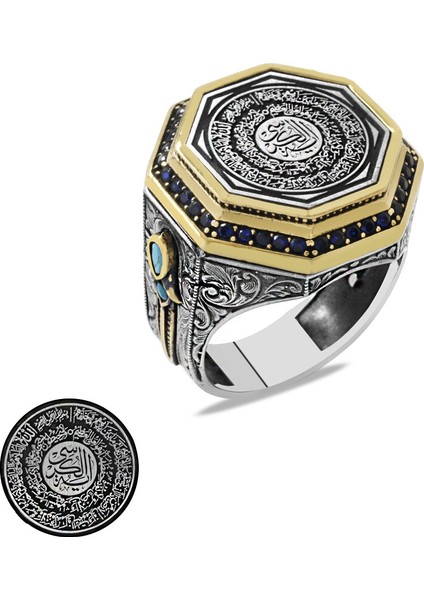 Hüsn-I Hat Ayetel Kürsi Yazılı Mikro Zirkon Taş Süslemeli Hançer Detaylı Gümüş Erkek Yüzük modelleri