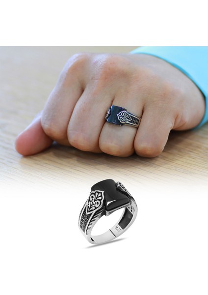 Zirkon Taş Işlemeli Basic Tasarım Bombeli Oniks Taşlı 925 Ayar Gümüş Erkek Yüzük fiyatları