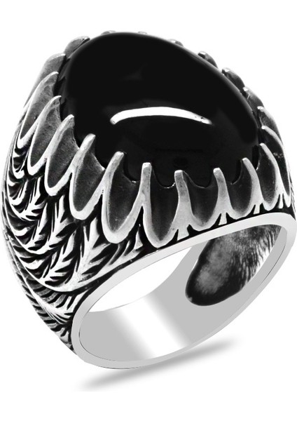 Buğday Detaylı Siyah Oniks Taşlı 925 Ayar Gümüş Erkek Yüzük