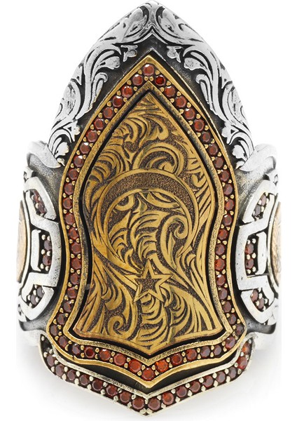 Kırmızı Zirkon Taş Mıhlamalı Kareografi Desenli 925 Ayar Gümüş Erkek Okçu (Zihgir) Yüzük