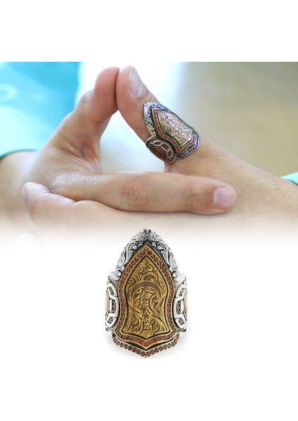 Kırmızı Zirkon Taş Mıhlamalı Kareografi Desenli 925 Ayar Gümüş Erkek Okçu (Zihgir) Yüzük fiyatları