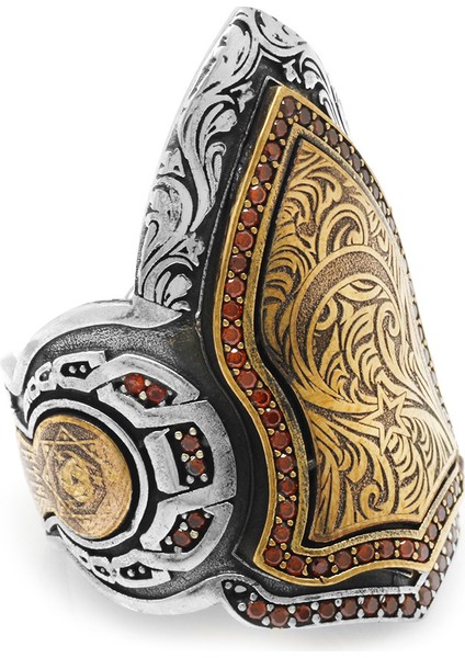 Kırmızı Zirkon Taş Mıhlamalı Kareografi Desenli 925 Ayar Gümüş Erkek Okçu (Zihgir) Yüzük modelleri