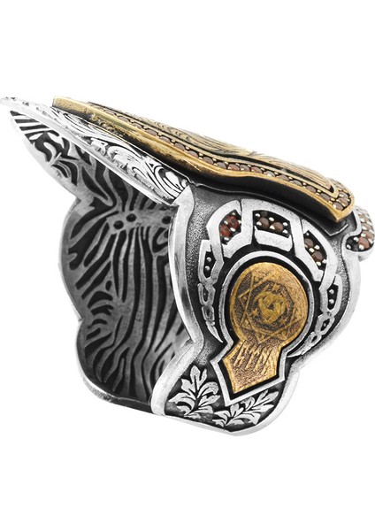 Kırmızı Zirkon Taş Mıhlamalı Kareografi Desenli 925 Ayar Gümüş Erkek Okçu (Zihgir) Yüzük fırsatları