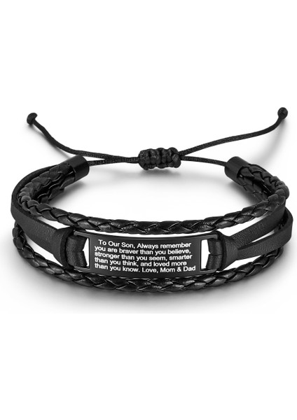 Çok Katmanlı Gerçek Deri Tasarım Çelik Plaka Üzeri Erkek Çocuğa Nasihat Yazılı Erkek Bileklik