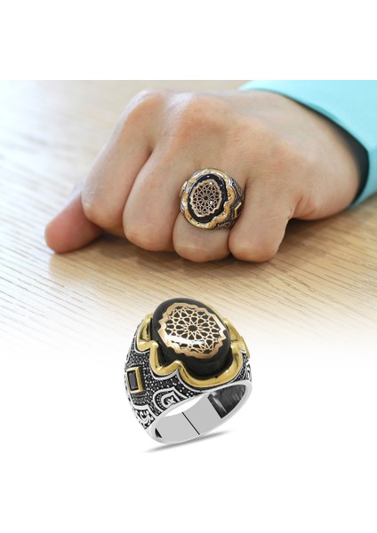 Siyah Kehribar Üzeri Anadolu Motifli Yanları Gravür Işlemeli 925 Ayar Gümüş Erkek Yüzük fiyatları