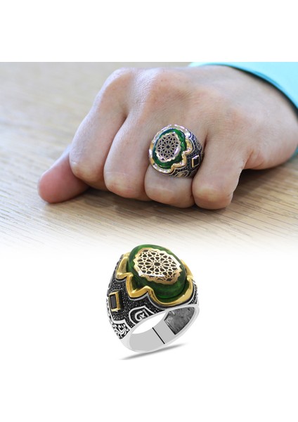 Yeşil Kehribar Üzeri Anadolu Motifli Yanları Gravür Işlemeli 925 Ayar Gümüş Erkek Yüzük fiyatları