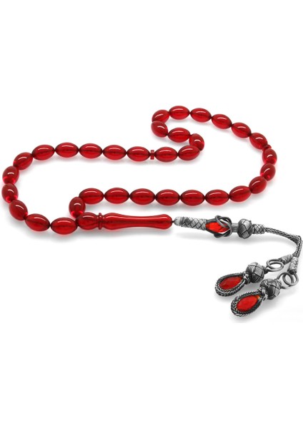 1000 Ayar Gümüş Kazaz Püsküllü Arpa Kesim Bayrak Kırmızı Ateş Kehribar Tesbih