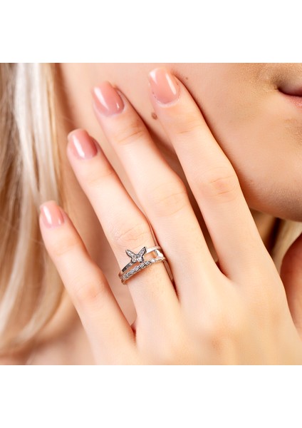 Beyaz Zirkon Taşlı Kelebek Detaylı Silver Renk Free Size 925 Ayar Gümüş Kadın Yüzük