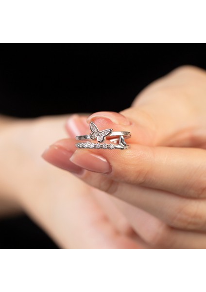 Beyaz Zirkon Taşlı Kelebek Detaylı Silver Renk Free Size 925 Ayar Gümüş Kadın Yüzük fiyatları
