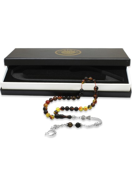 Kararmaz Metal Ayyıldız Püsküllü Küre Kesim Bala-Siyah Ateş Kehribar Tesbih fiyatları