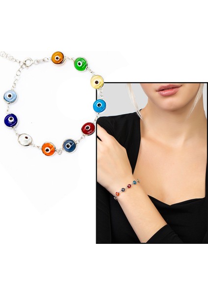 Nazar Boncuğu Detaylı Multicolor Mineli Silver Renk 925 Ayar Gümüş Kadın Bileklik fiyatları