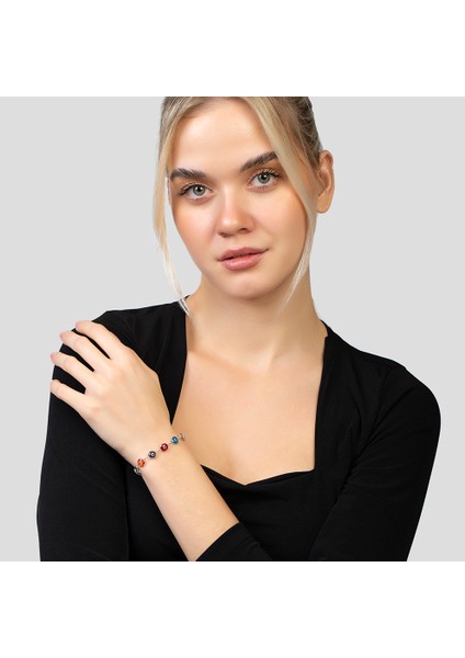 Nazar Boncuğu Detaylı Multicolor Mineli Silver Renk 925 Ayar Gümüş Kadın Bileklik modelleri
