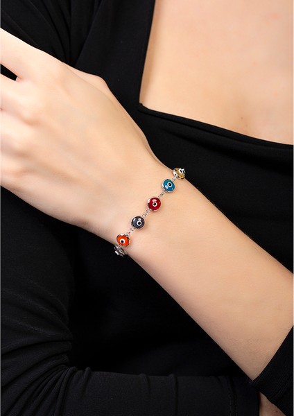 Nazar Boncuğu Detaylı Multicolor Mineli Silver Renk 925 Ayar Gümüş Kadın Bileklik fırsatları