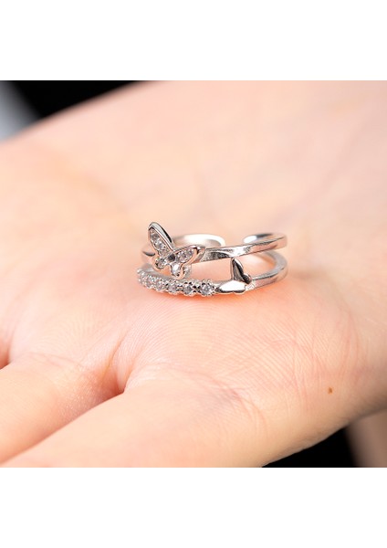 Beyaz Zirkon Taşlı Kelebek Detaylı Silver Renk Free Size 925 Ayar Gümüş Kadın Yüzük fırsatları