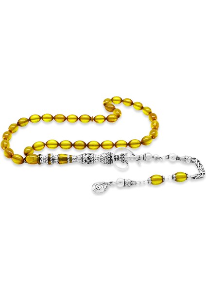 925 Ayar Gümüş Kral Püsküllü Nakkaş Imameli Nargile Tasarım Sarı Ateş Kehribar Tesbih