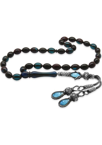 1000 Ayar Gümüş Kazaz Püsküllü Arpa Kesim Turkuaz-Siyah Ateş Kehribar Tesbih